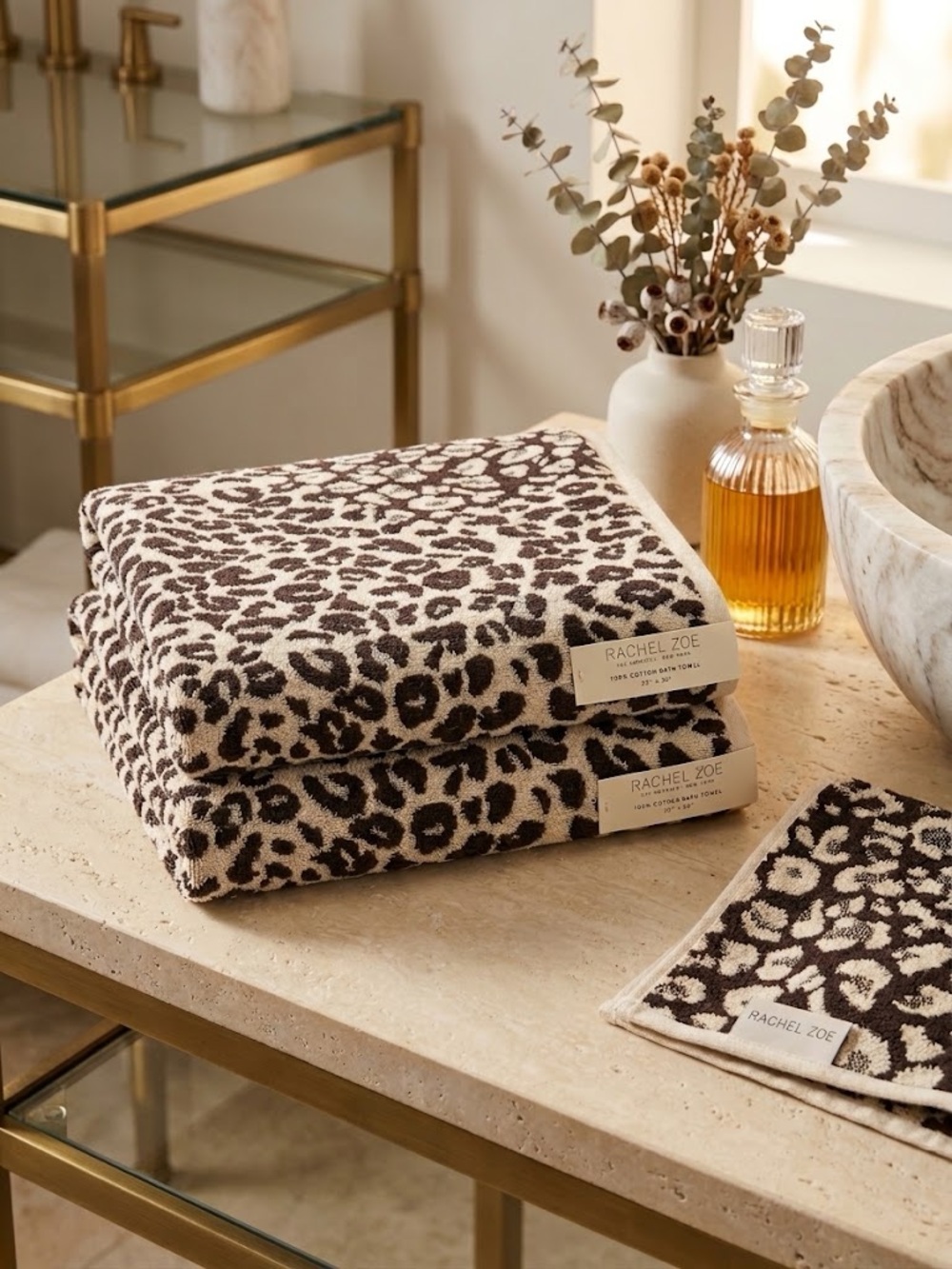 🐆🤎 NWT Rachel Zoe Leopard Bath Towels Set of 2 Animal Cheetah Print